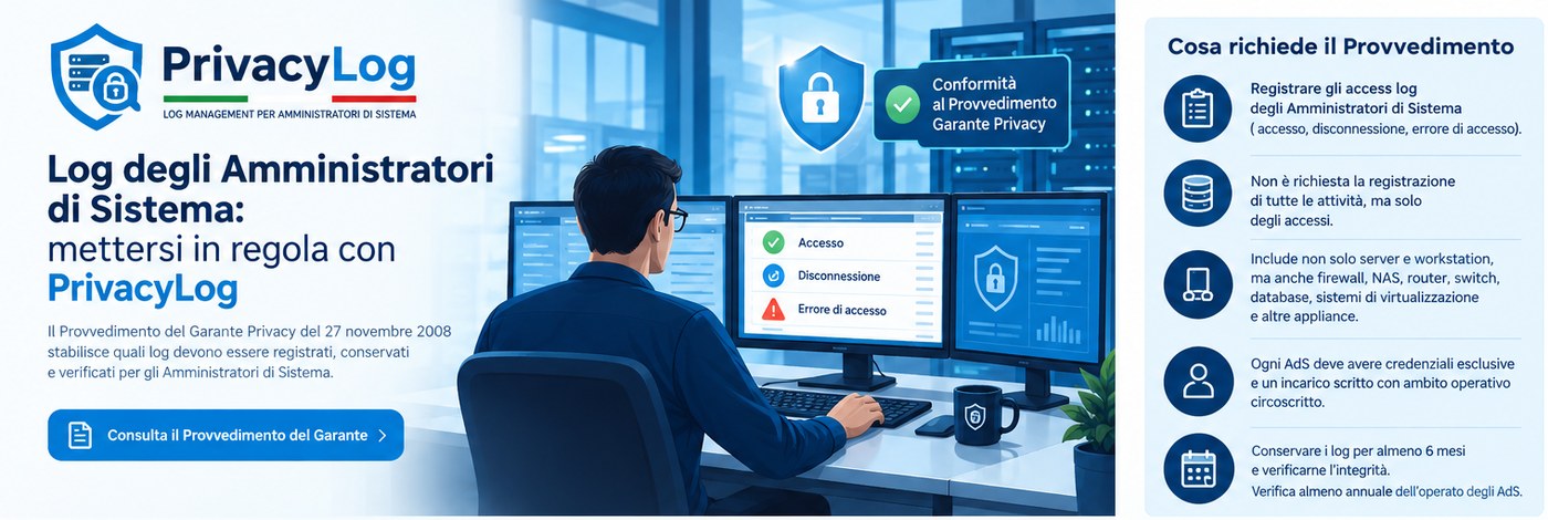 Log degli Amministratori di Sistema: cosa richiede il Provvedimento del Garante Privacy — registrazione degli accessi, perimetro dei dispositivi, credenziali nominative e conservazione per almeno sei mesi