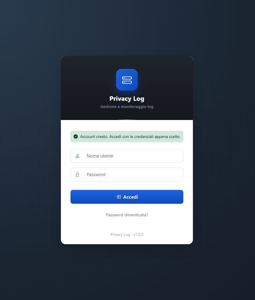 Pagina di accesso al pannello PrivacyLog
