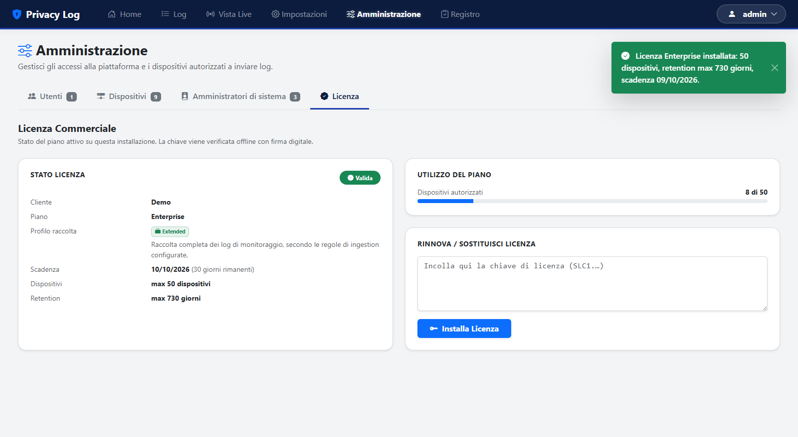 Scheda Licenza dopo l'installazione, con piano, scadenza e limiti