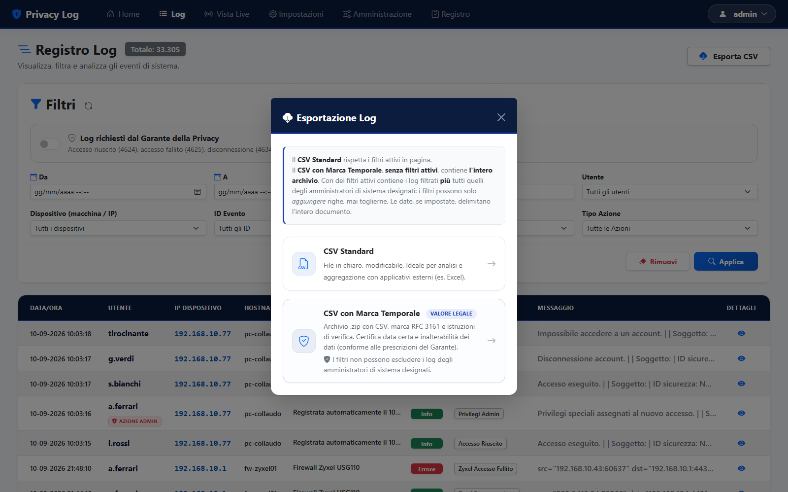 Finestra di scelta fra CSV standard e CSV con marca temporale