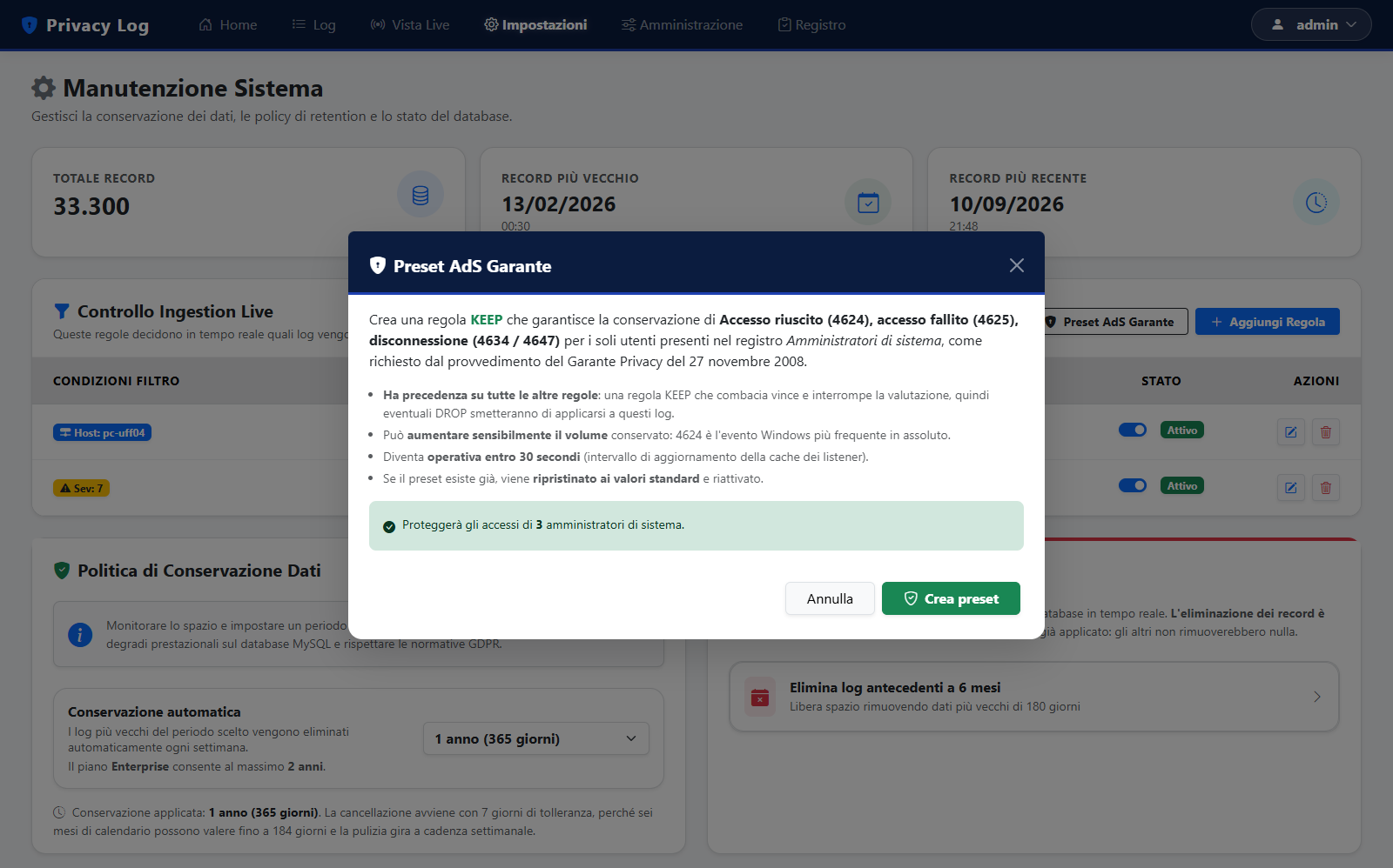 Finestra di conferma della creazione del preset AdS Garante