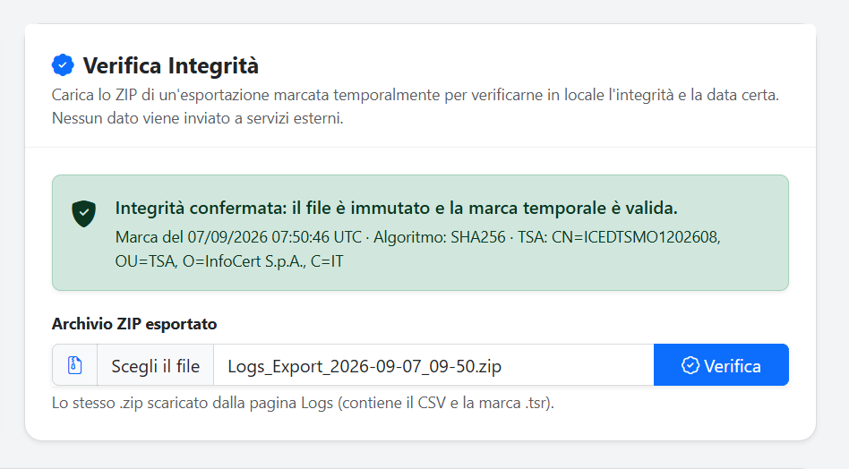 Esito della verifica di integrità con data certificata e autorità emittente