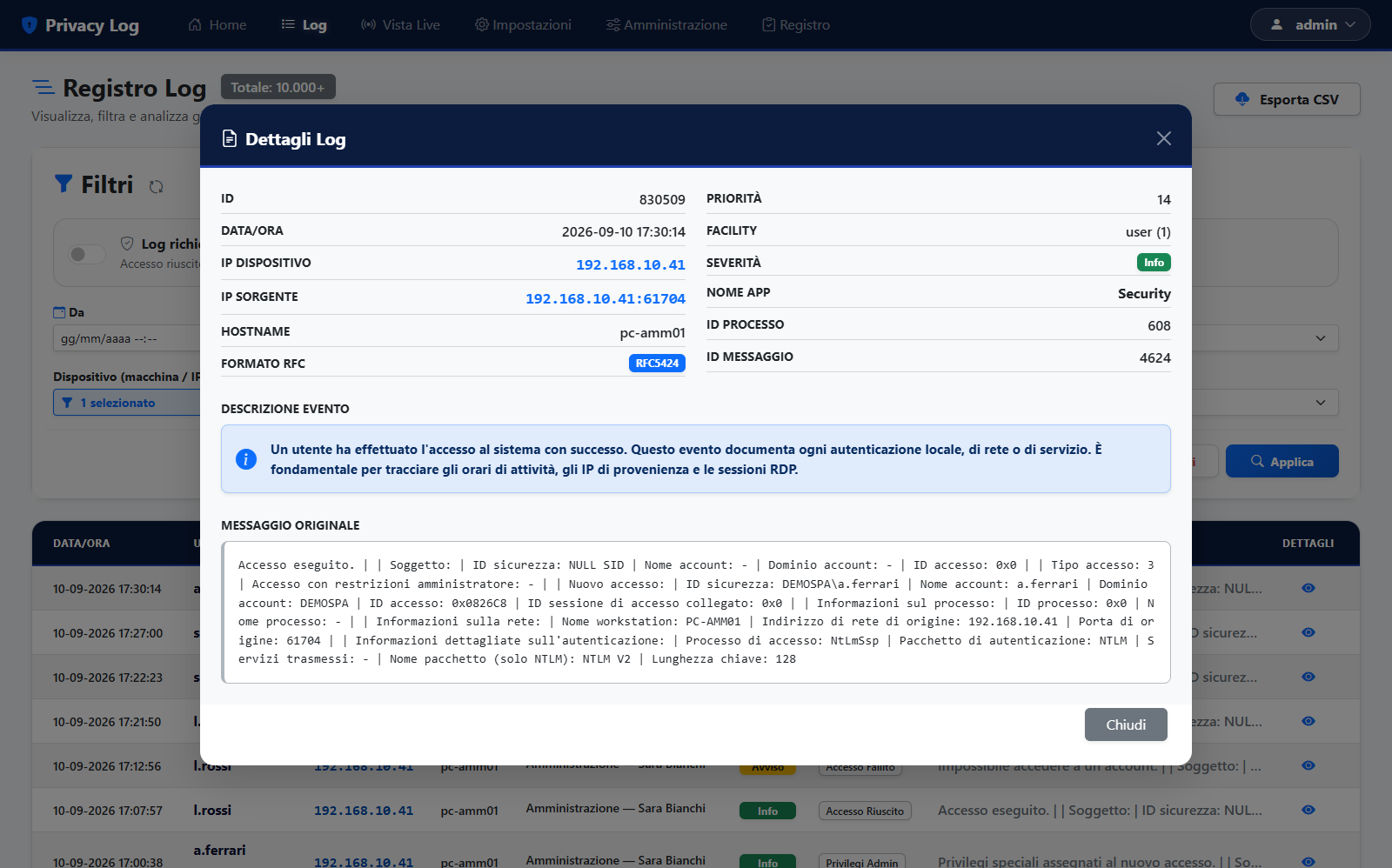 Scheda di dettaglio di un accesso da postazione Windows