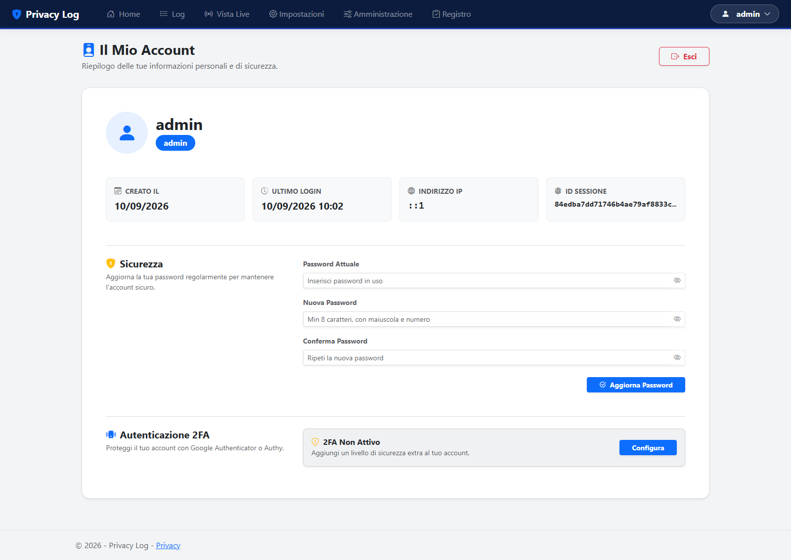 Pagina Il Mio Account con cambio password e verifica in due passaggi